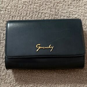 Givenchy vintage Black Leather crossbody with Gold Script Logo.